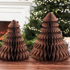 Set of 2 Brown Folded Paper Christmas Tree 10” & 12” Holiday mantel table decor